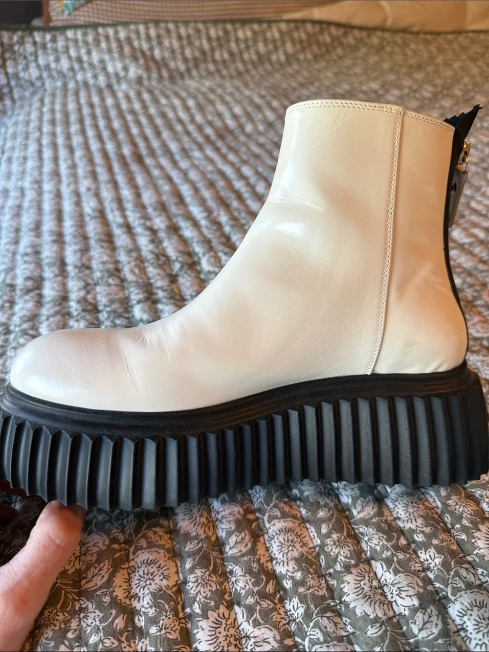 Agl White Leather Chelsea Boots with Black Ribbed Platform Sole